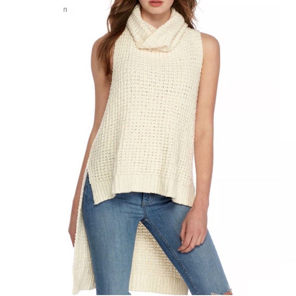 FREE PEOPLE Skyscraper Sleeveless Turtleneck Sweater Chunky Knit Cream Sz XS